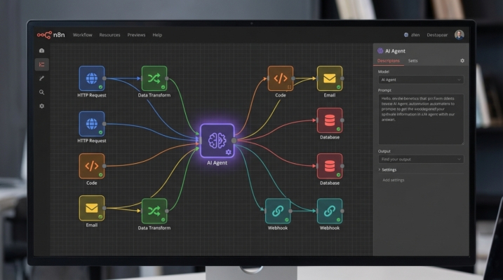n8nのワークフロー画面のスクリーンショット。多くのノードが複雑に、しかし整然とつながっており、中央に「AI Agent」などのノードが配置されているプロフェッショナルなイメージ。