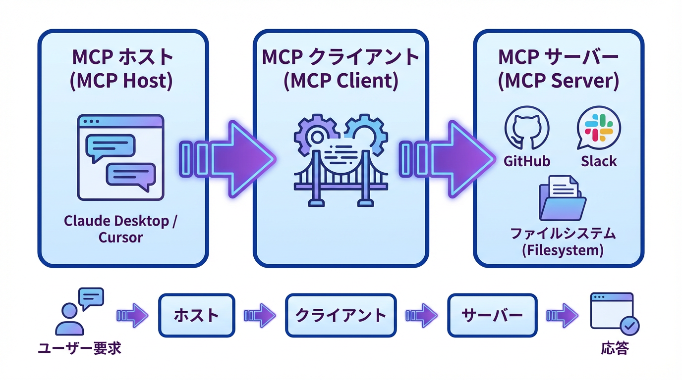 MCPアーキテクチャ図:ホスト・クライアント・サーバーの連携フロー